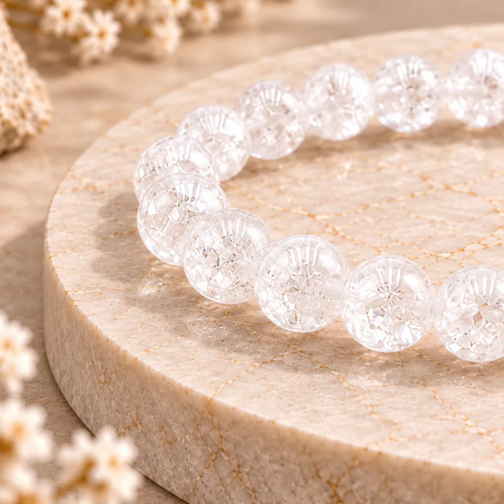 Bracelet à boules en cristal de roche « crack » du Brésil — 8 mm — Grade A — vue studio 2