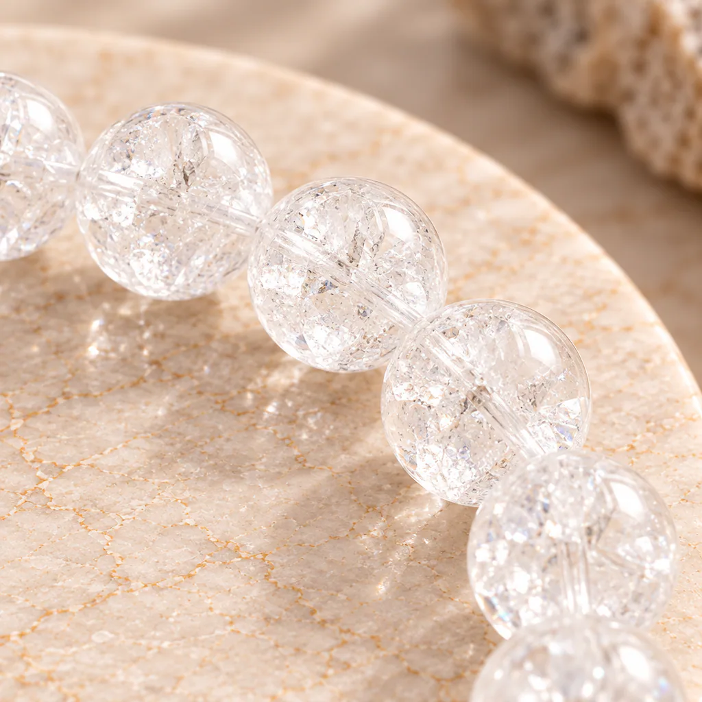 Bracelet à boules en cristal de roche « crack » du Brésil — 8 mm — Grade A — vue studio 3