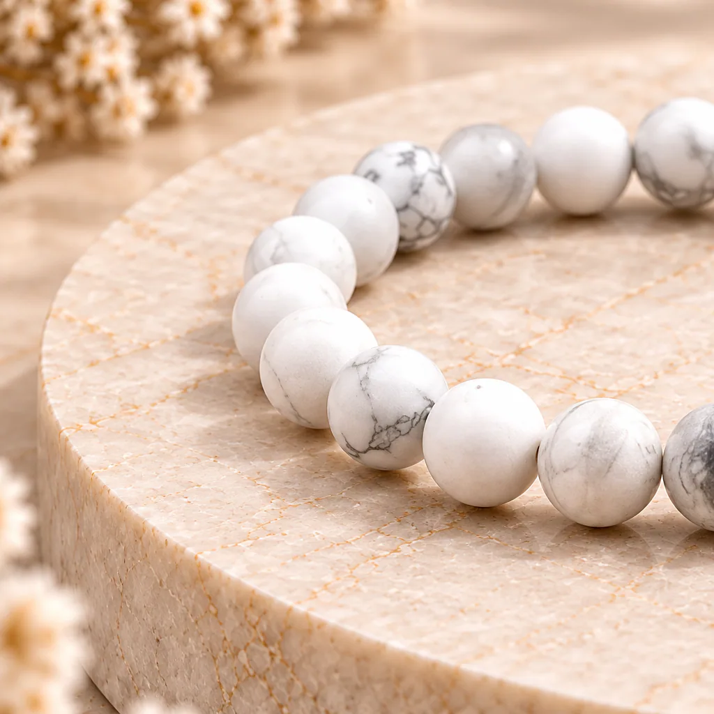 Bracelet à boules en howlite blanche du Zimbabwe — 8 mm — Grade A — vue studio 2