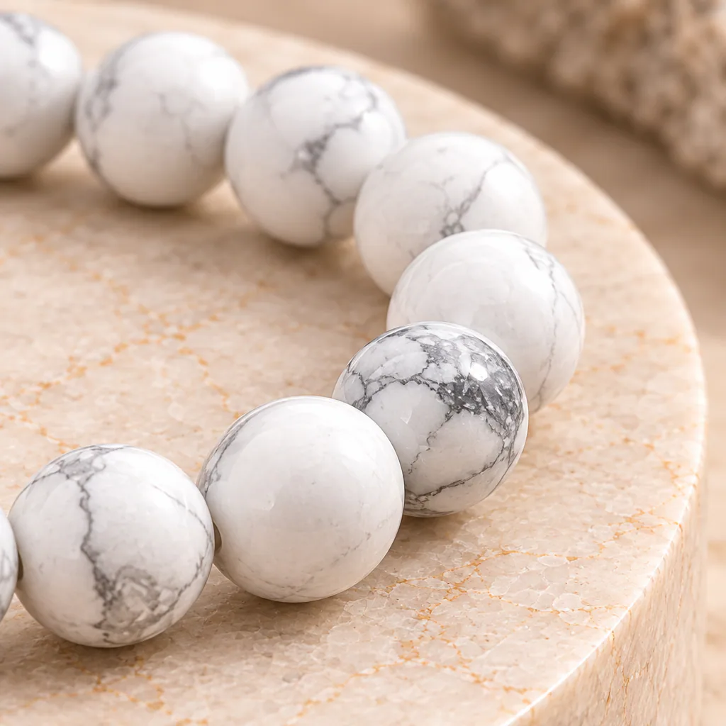 Bracelet à boules en howlite blanche du Zimbabwe — 8 mm — Grade A — vue studio 3