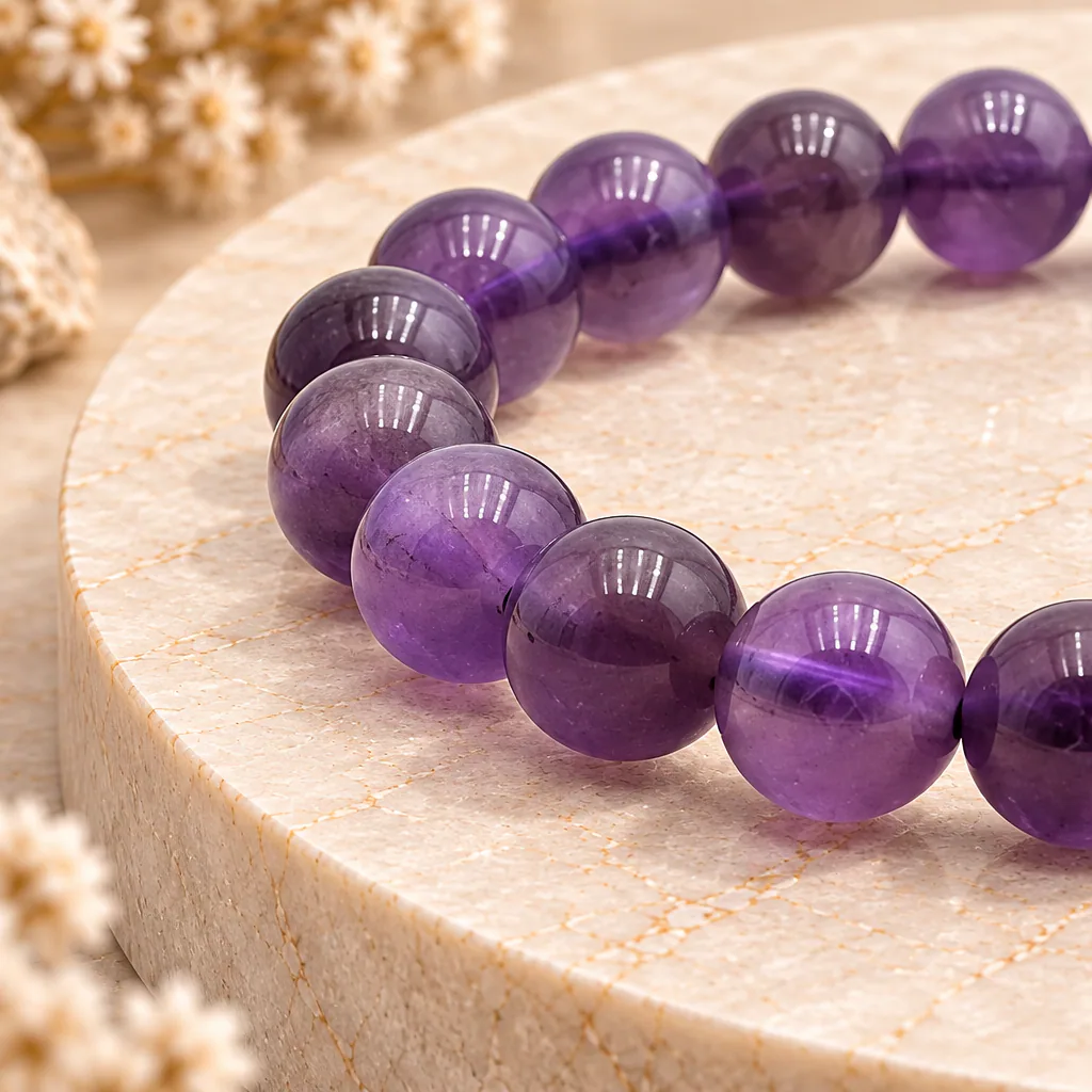 Bracelet à boules en améthyste du Brésil — 8 mm — Grade A — vue studio 2