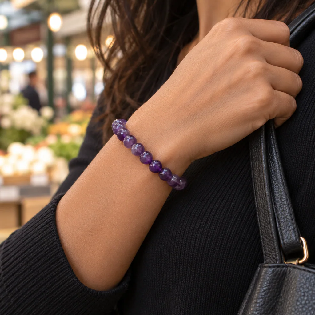 Bracelet à boules en améthyste du Brésil — 8 mm — Grade A — vue portée 1