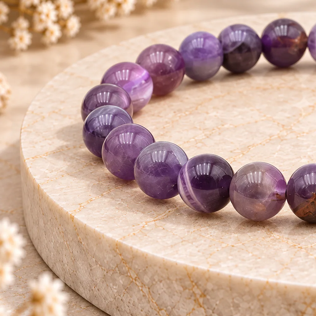 Bracelet à boules en améthyste rubanée du Brésil — 8 mm — Grade A — vue studio 2