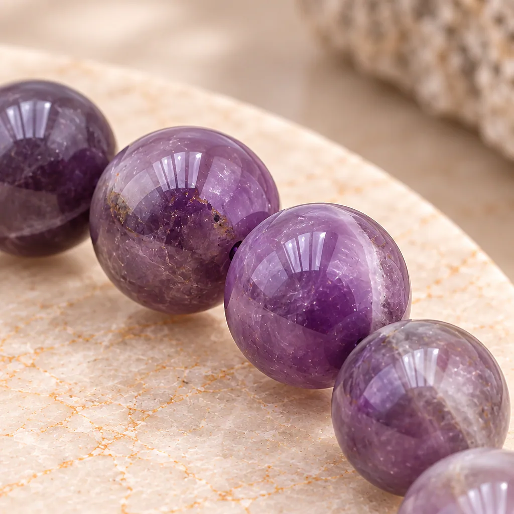 Bracelet à boules en améthyste rubanée du Brésil — 8 mm — Grade A — vue studio 3