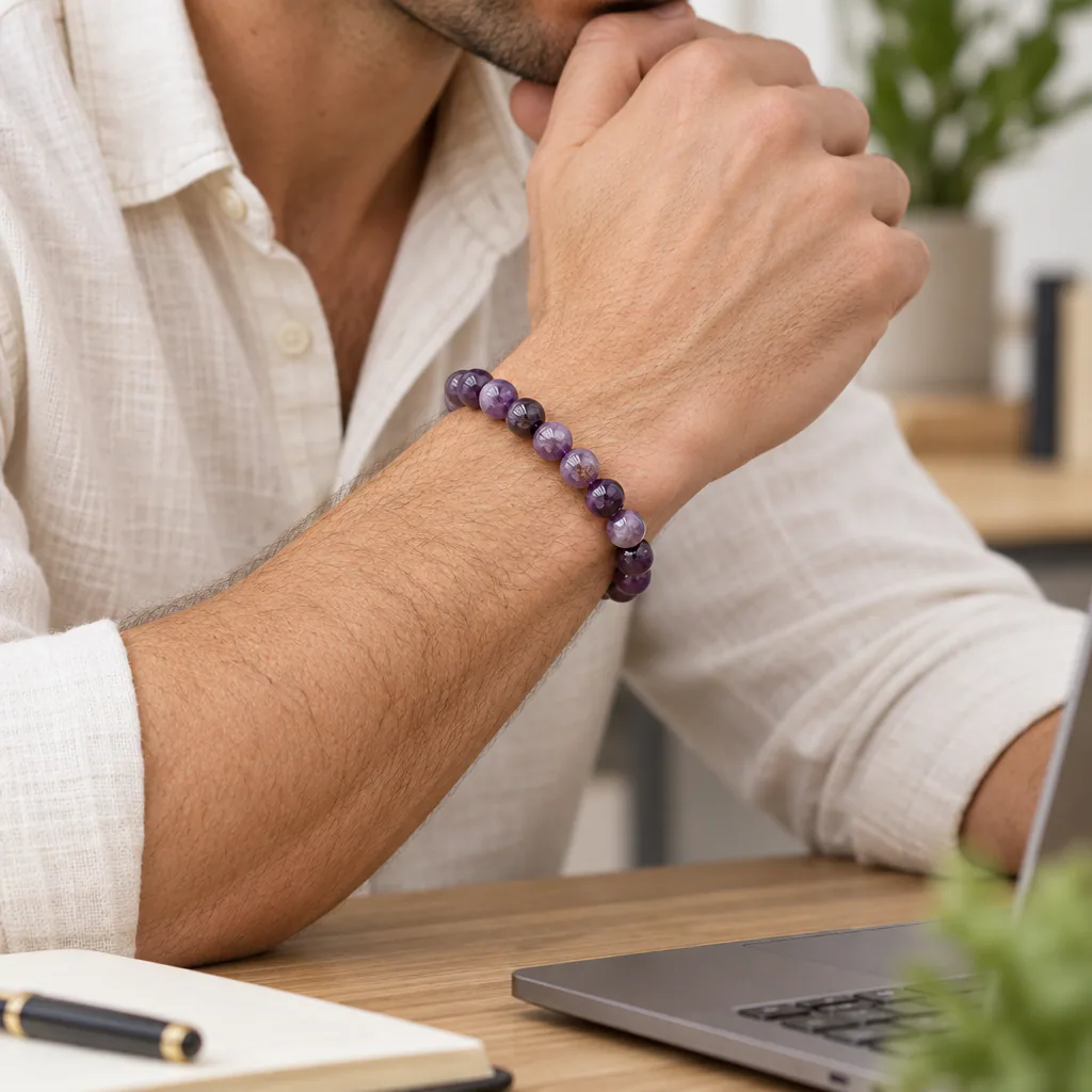 Bracelet à boules en améthyste rubanée du Brésil — 8 mm — Grade A — vue portée 2