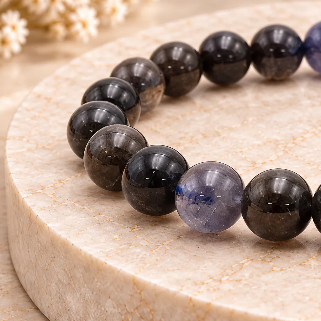 Bracelet à boules en cordiérite d’Inde — 8 mm — Grade A+ — vue studio 2