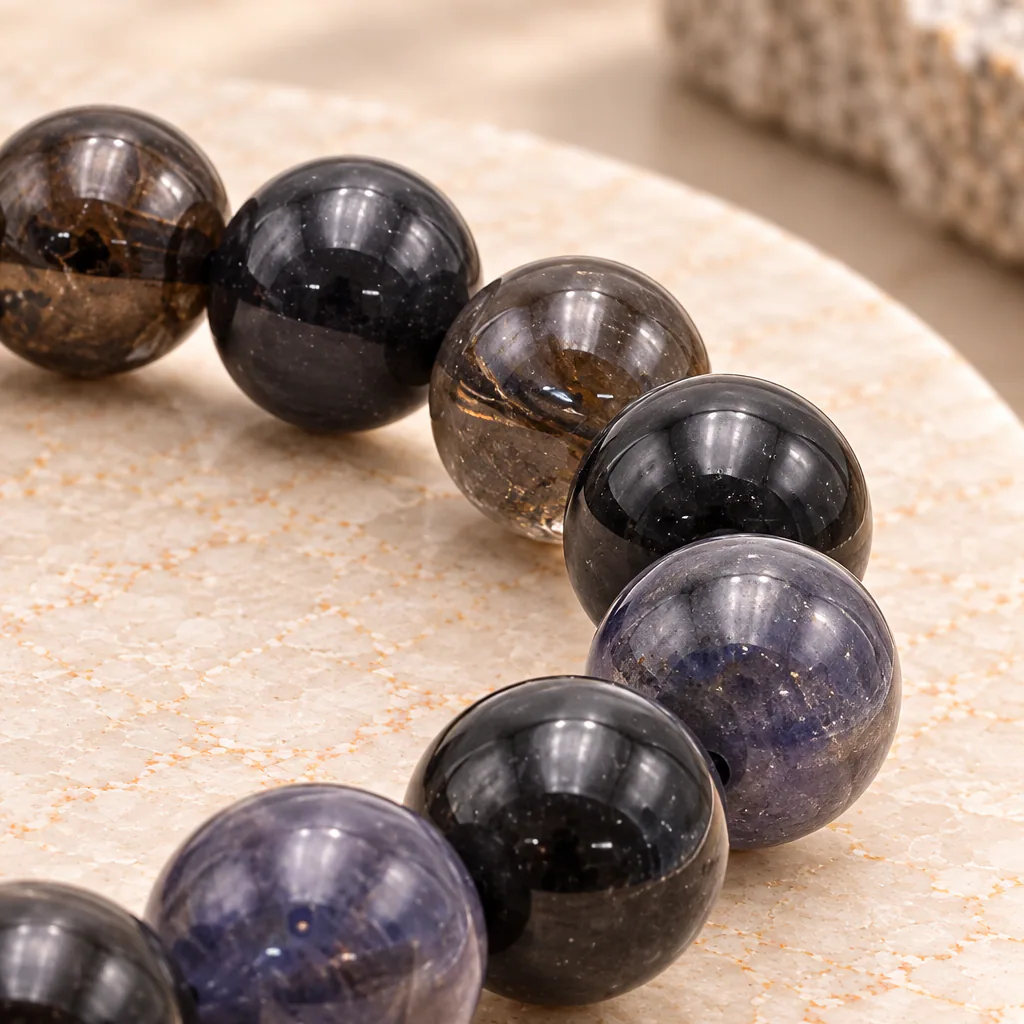 Bracelet à boules en cordiérite d’Inde — 8 mm — Grade A+ — vue studio 3