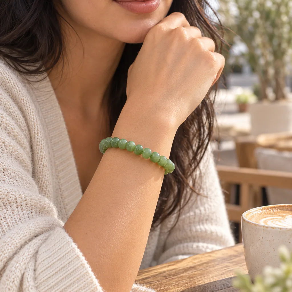 Bracelet à boules en jade néphrite du Canada — 8 mm — Grade A — vue portée 1