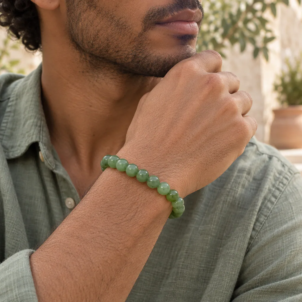 Bracelet à boules en jade néphrite du Canada — 8 mm — Grade A — vue portée 2