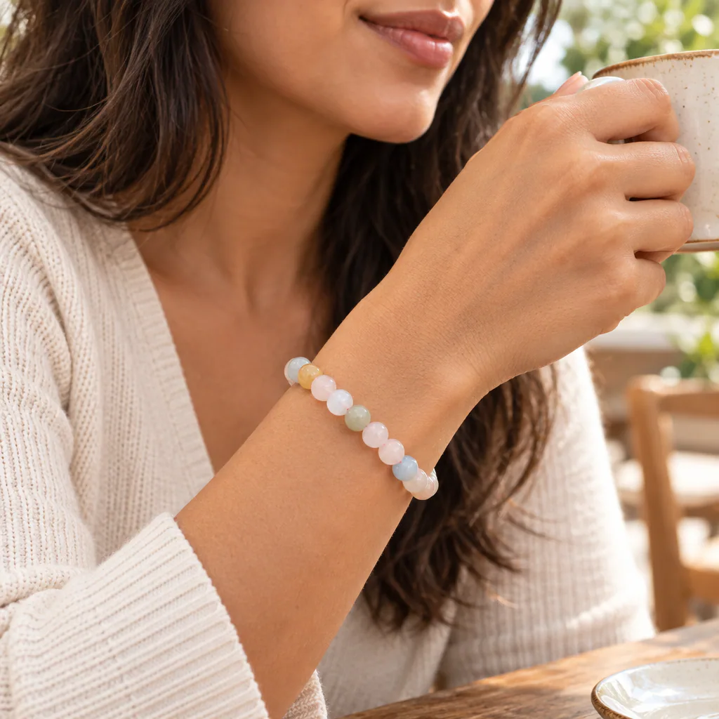 Bracelet à boules en béryls du Brésil — 8 mm — Grade AA — vue portée 1