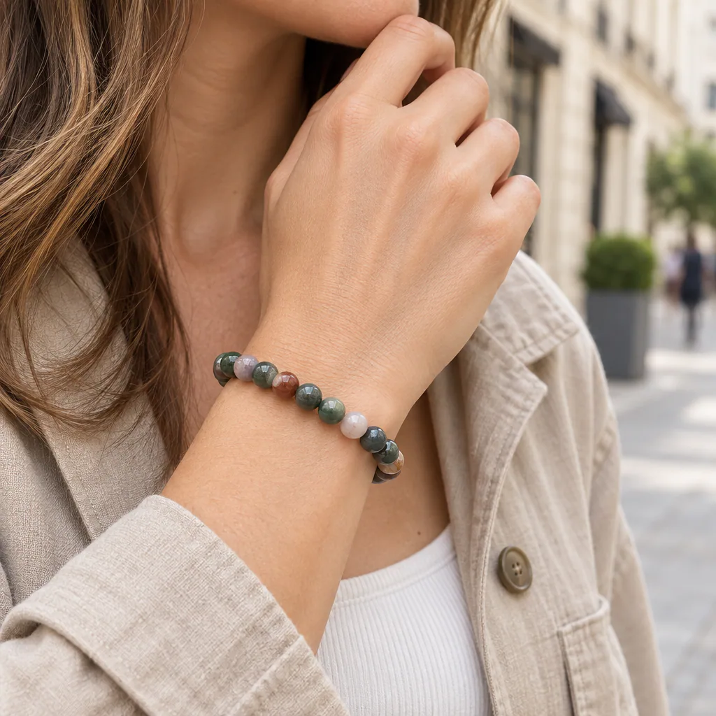 Bracelet à boules en agate indienne — 8 mm — Inde · Grade A — vue portée 1