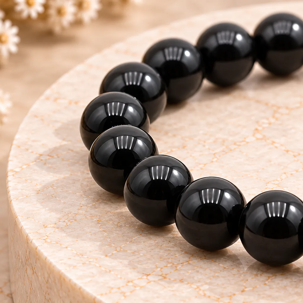 Bracelet à boules en obsidienne noire du Mexique — 8 mm — Grade A — vue studio 2