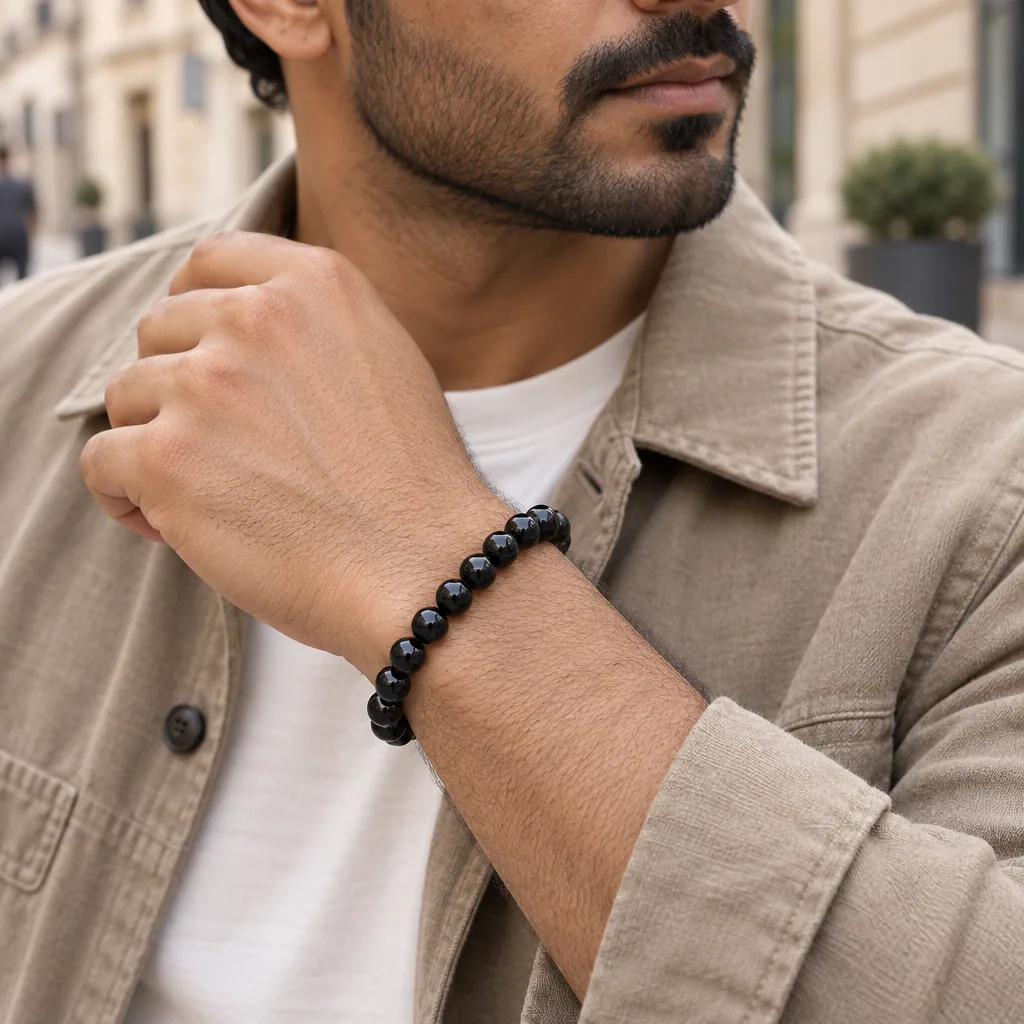 Bracelet à boules en obsidienne noire du Mexique — 8 mm — Grade A — vue portée 2