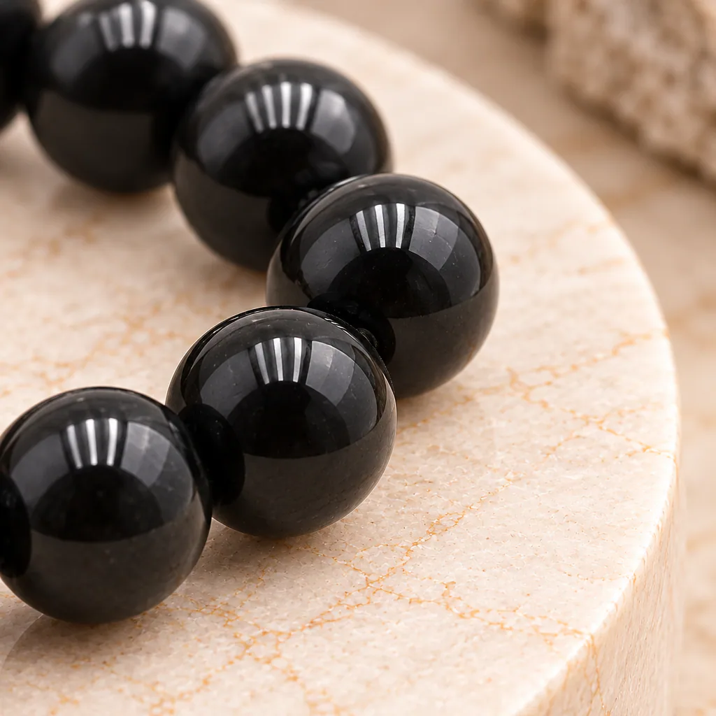 Bracelet à boules en obsidienne dorée du Mexique — 8 mm — Grade A — vue studio 3