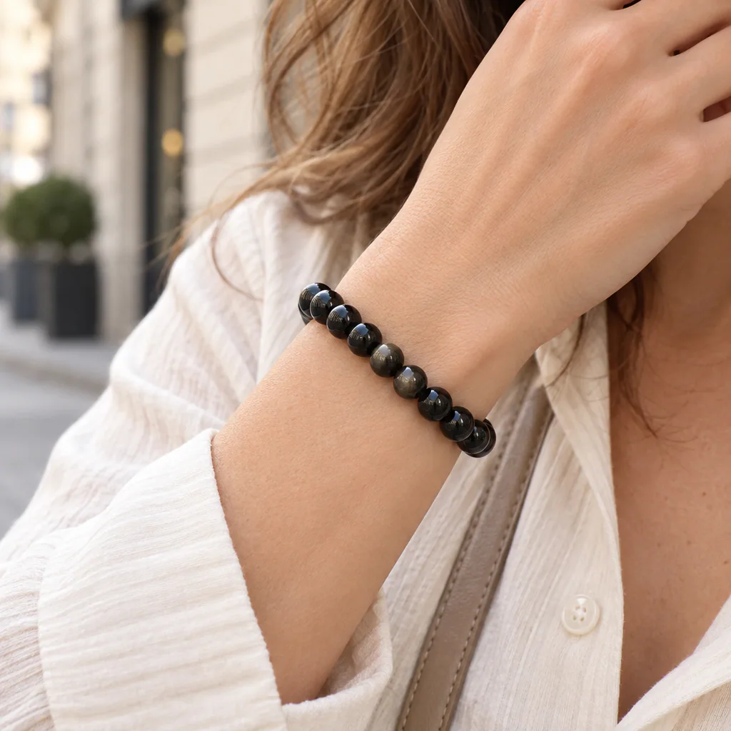 Bracelet à boules en obsidienne dorée du Mexique — 8 mm — Grade A — vue portée 1