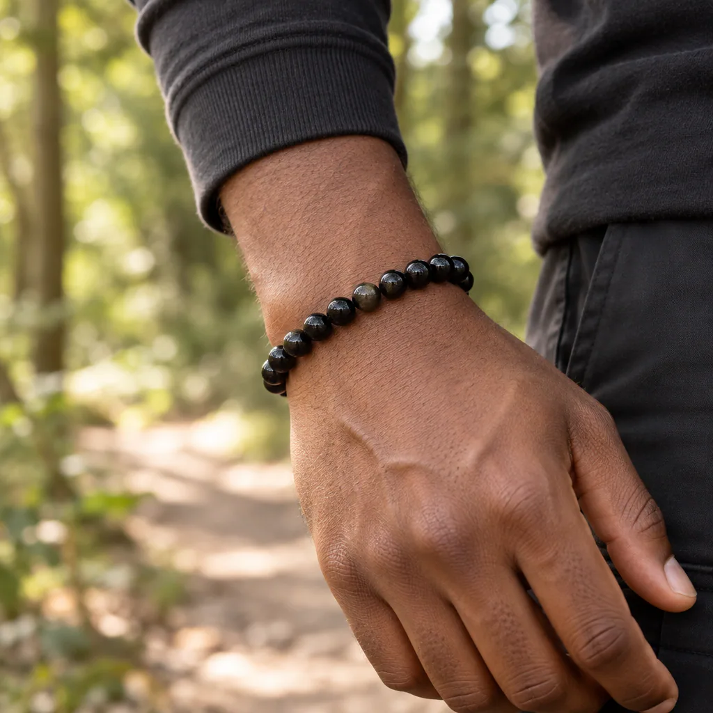 Bracelet à boules en obsidienne dorée du Mexique — 8 mm — Grade A — vue portée 2
