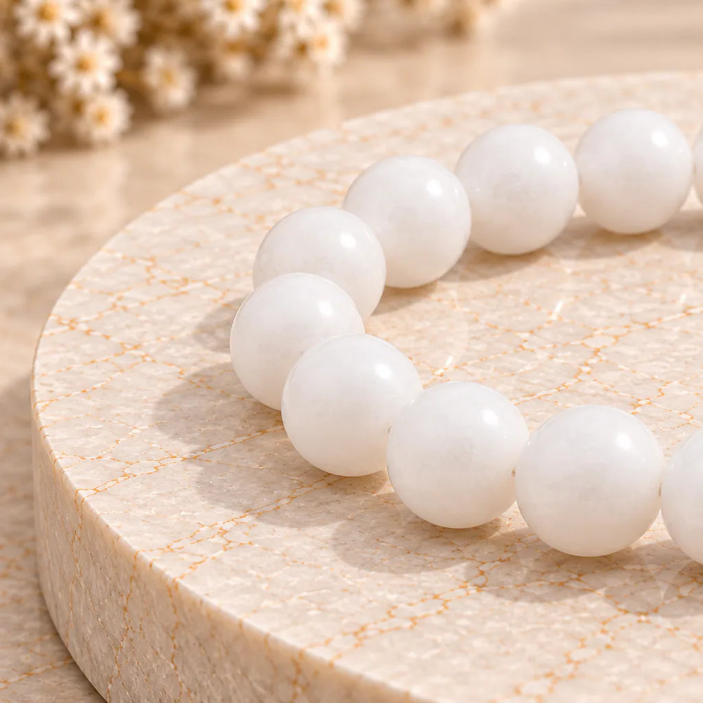 Bracelet à boules en péristérite d’Inde — 8 mm — Grade A — Grade AA — vue studio 2