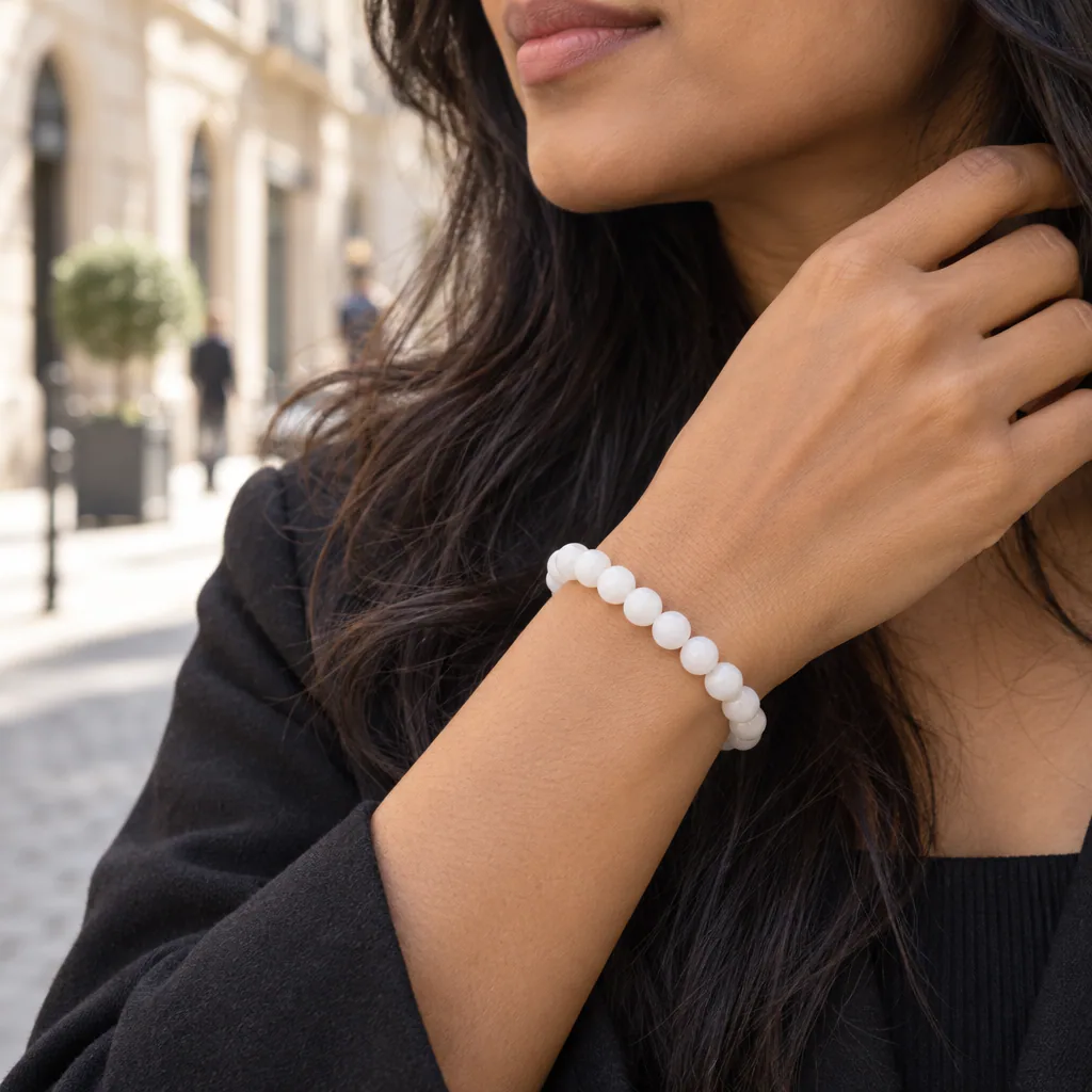 Bracelet à boules en péristérite d’Inde — 8 mm — Grade A — Grade AA — vue portée 1