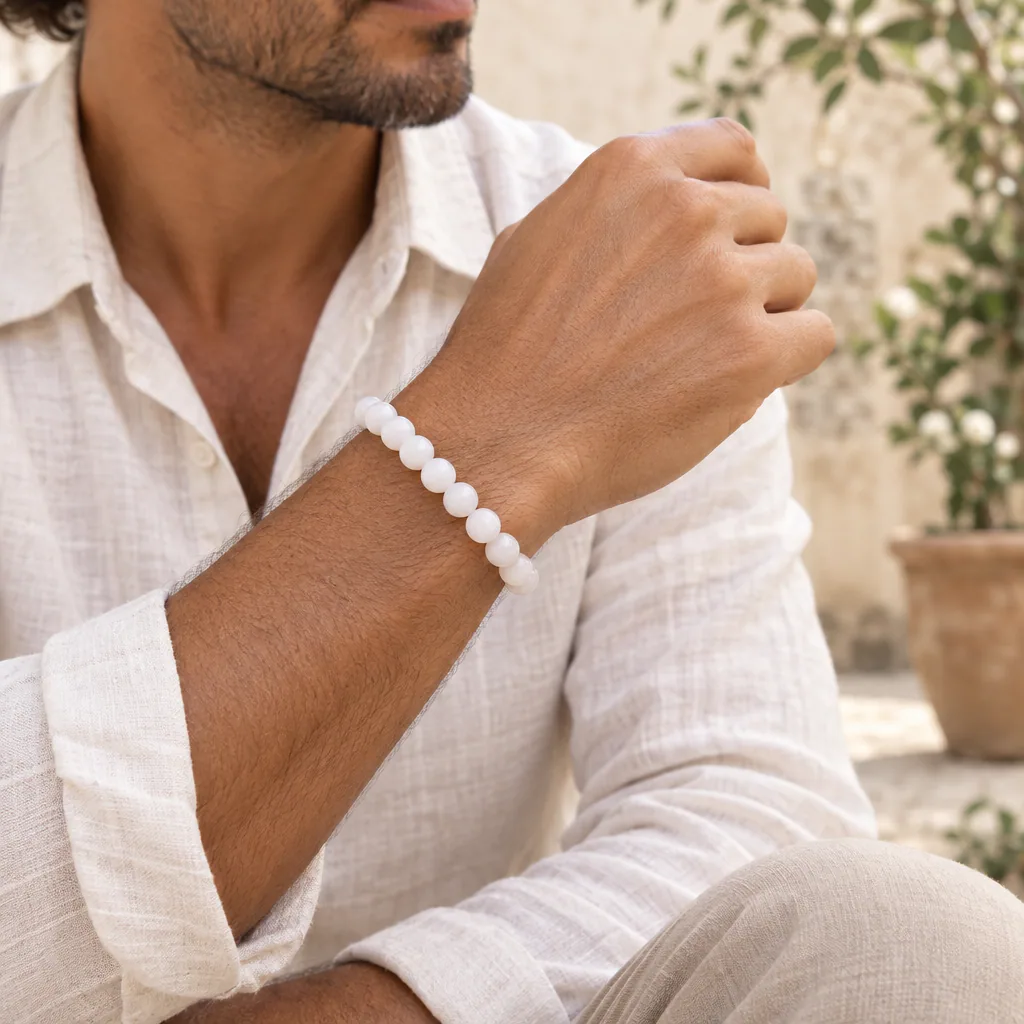 Bracelet à boules en péristérite d’Inde — 8 mm — Grade A — Grade AA — vue portée 2