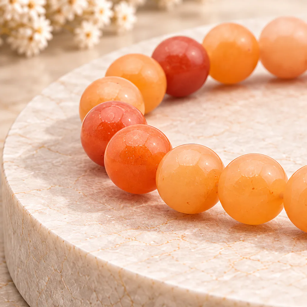 Bracelet à boules en aventurine orange du Brésil — 8 mm — Grade A+ — vue studio 2