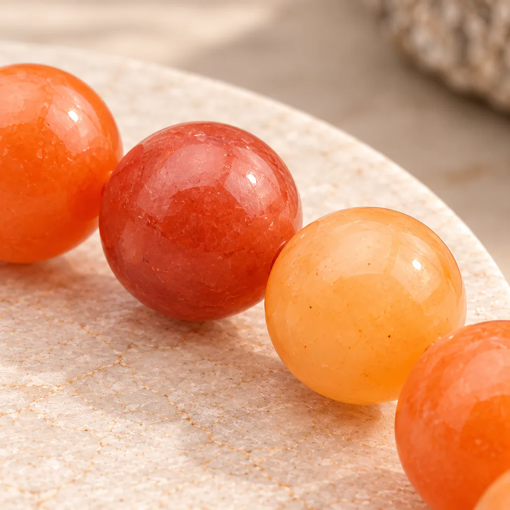Bracelet à boules en aventurine orange du Brésil — 8 mm — Grade A+ — vue studio 3
