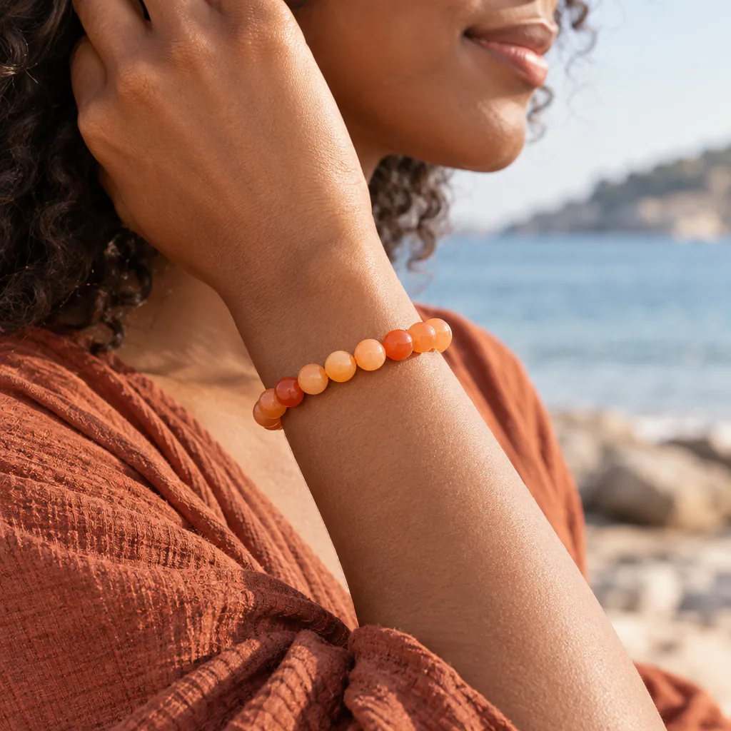 Bracelet à boules en aventurine orange du Brésil — 8 mm — Grade A+ — vue portée 1