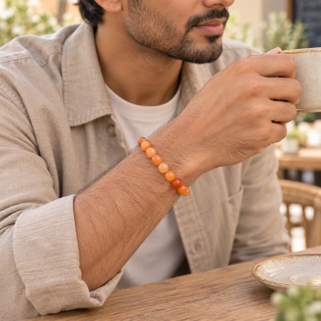 Bracelet à boules en aventurine orange du Brésil — 8 mm — Grade A+ — vue portée 2