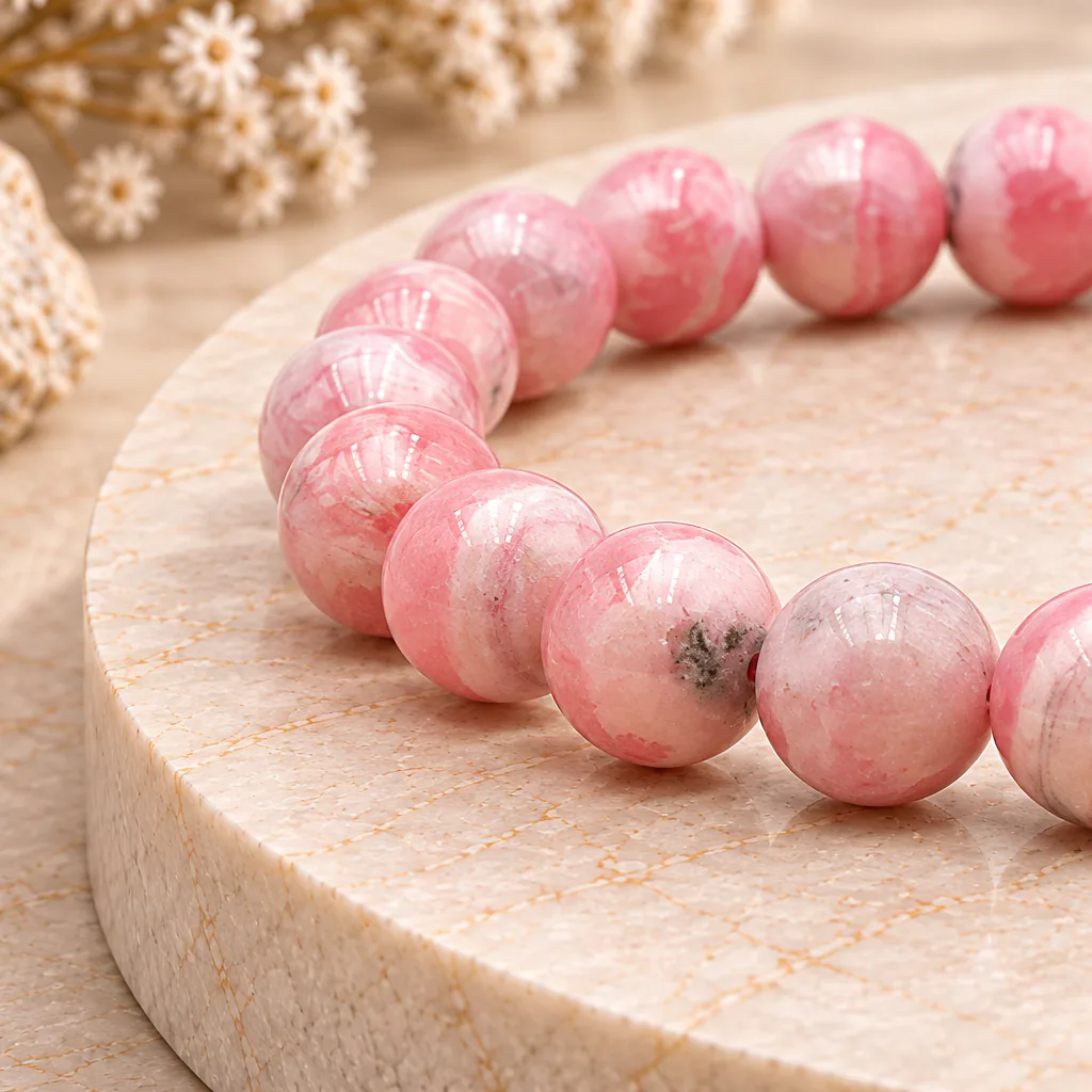 Bracelet à boules en rhodochrosite d’Argentine — 8 mm — Grade AA — vue studio 2