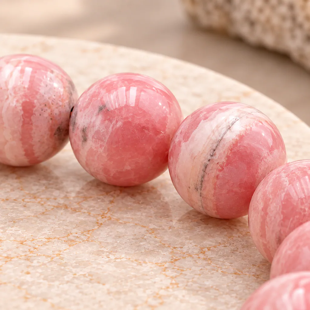 Bracelet à boules en rhodochrosite d’Argentine — 8 mm — Grade AA — vue studio 3
