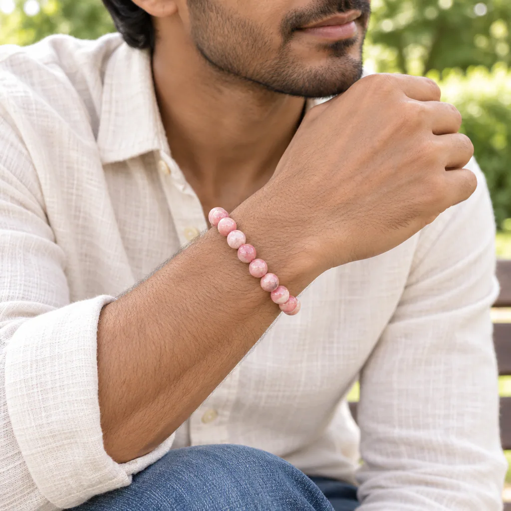 Bracelet à boules en rhodochrosite d’Argentine — 8 mm — Grade AA — vue portée 2