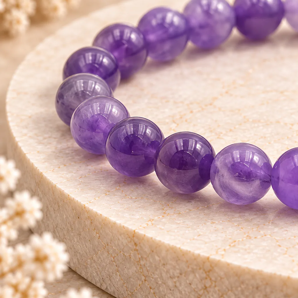 Bracelet à boules en améthyste claire du Brésil — 8 mm — Grade A+ — vue studio 2