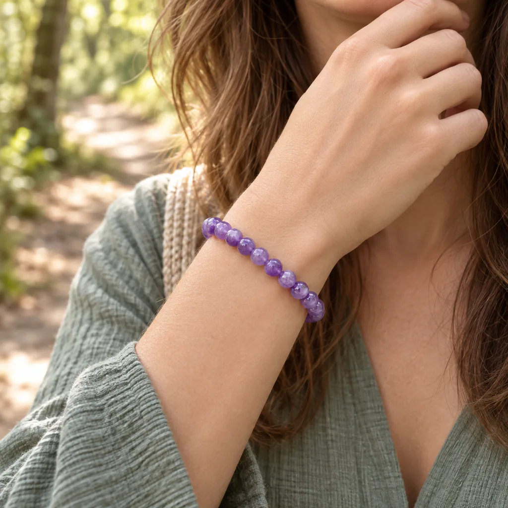 Bracelet à boules en améthyste claire du Brésil — 8 mm — Grade A+ — vue portée 1