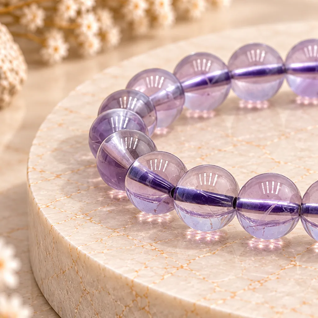 Bracelet à boules en améthyste claire du Brésil — 8 mm — Grade A+ — Grade AA — vue studio 2