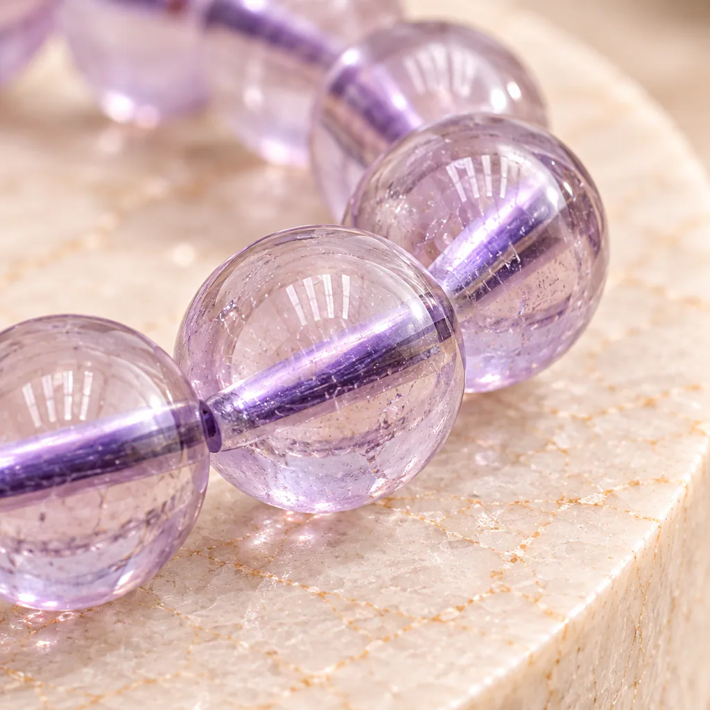 Bracelet à boules en améthyste claire du Brésil — 8 mm — Grade A+ — Grade AA — vue studio 3