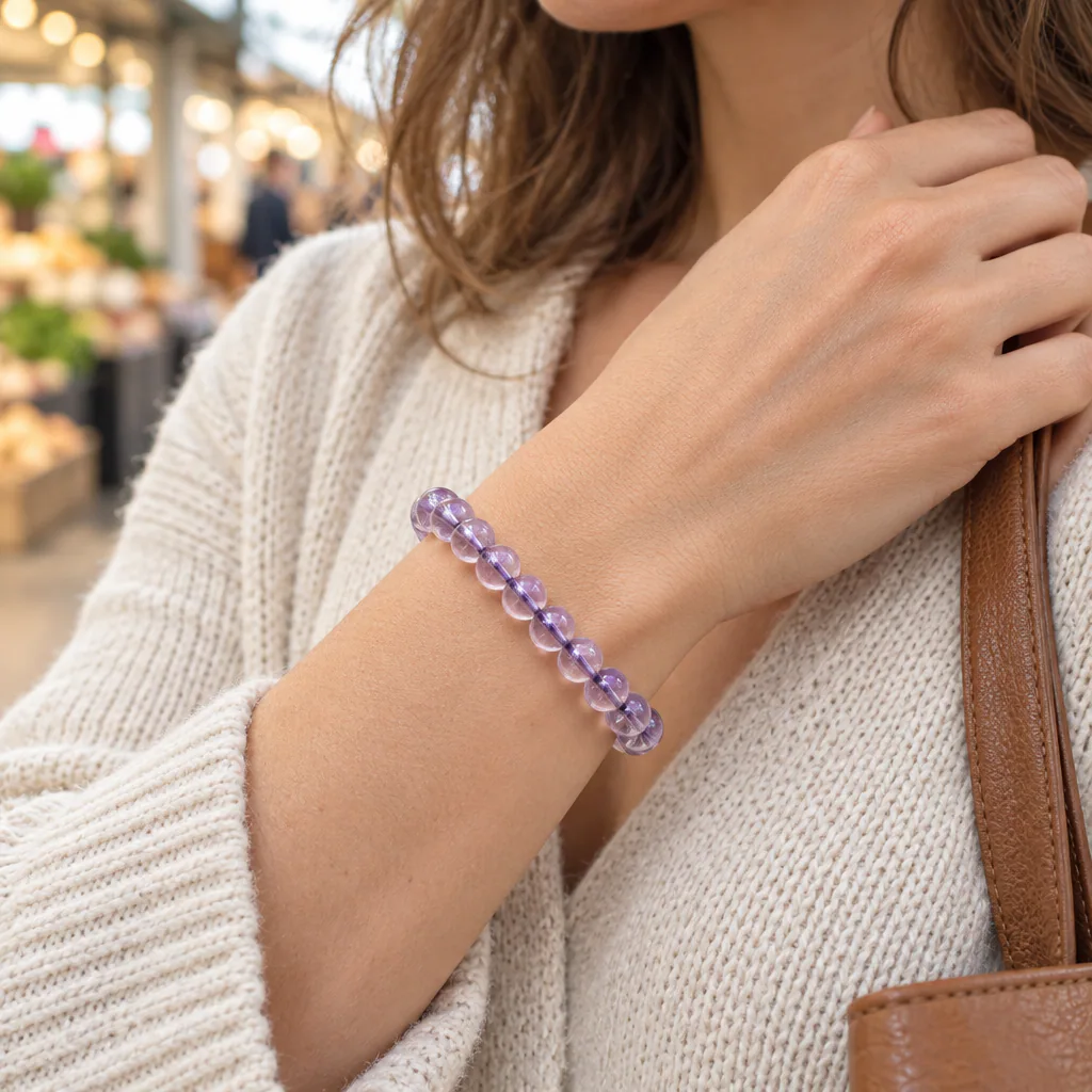Bracelet à boules en améthyste claire du Brésil — 8 mm — Grade A+ — Grade AA — vue portée 1