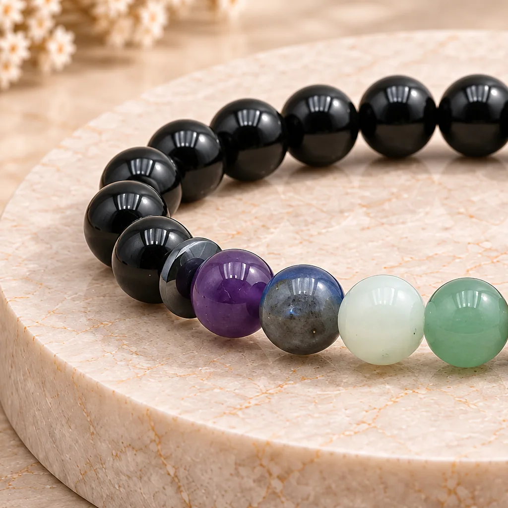 Bracelet à boules 7 Chakras et onyx — 8 mm — 18 cm — Grade A — vue studio 2