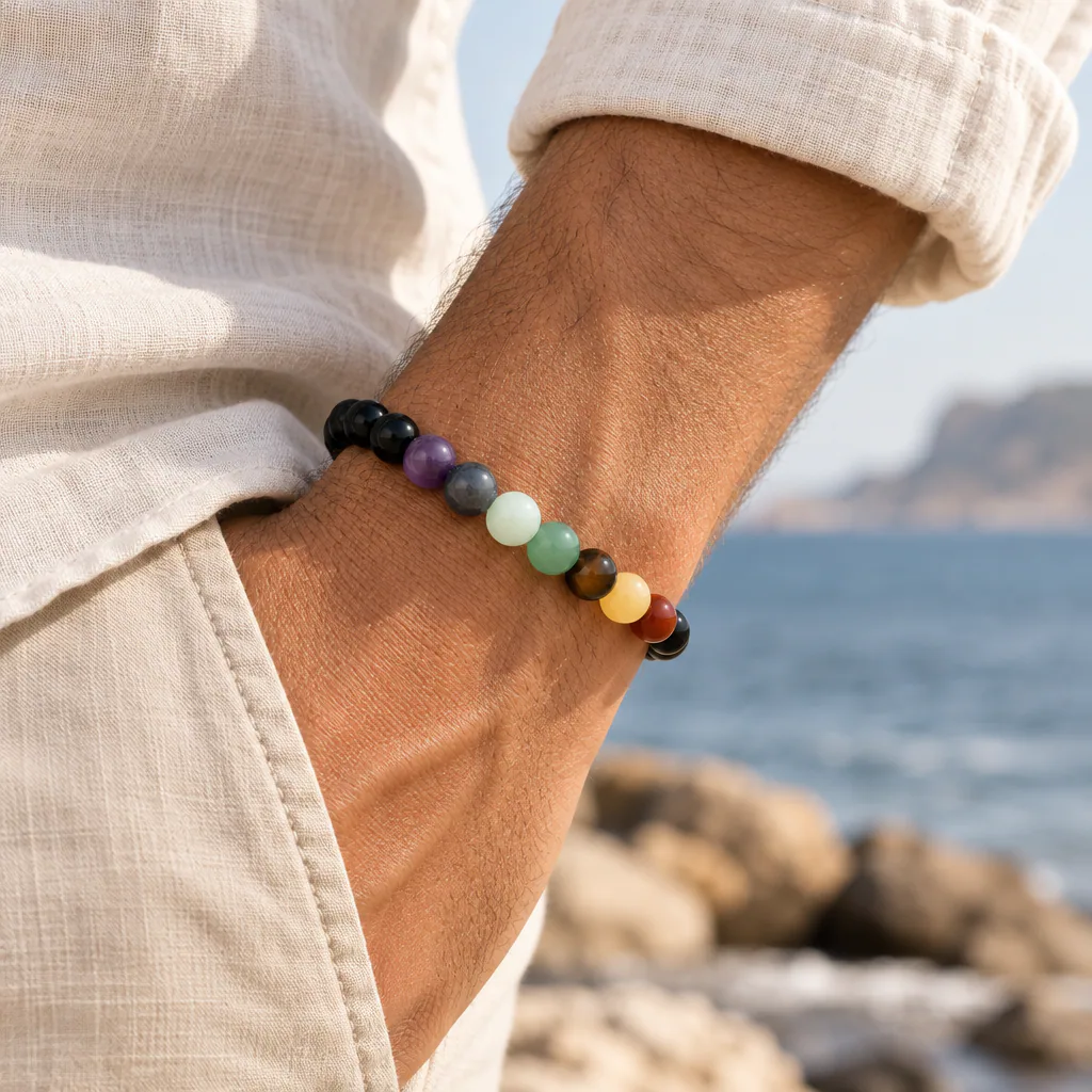 Bracelet à boules 7 Chakras et onyx — 8 mm — 18 cm — Grade A — vue portée 2