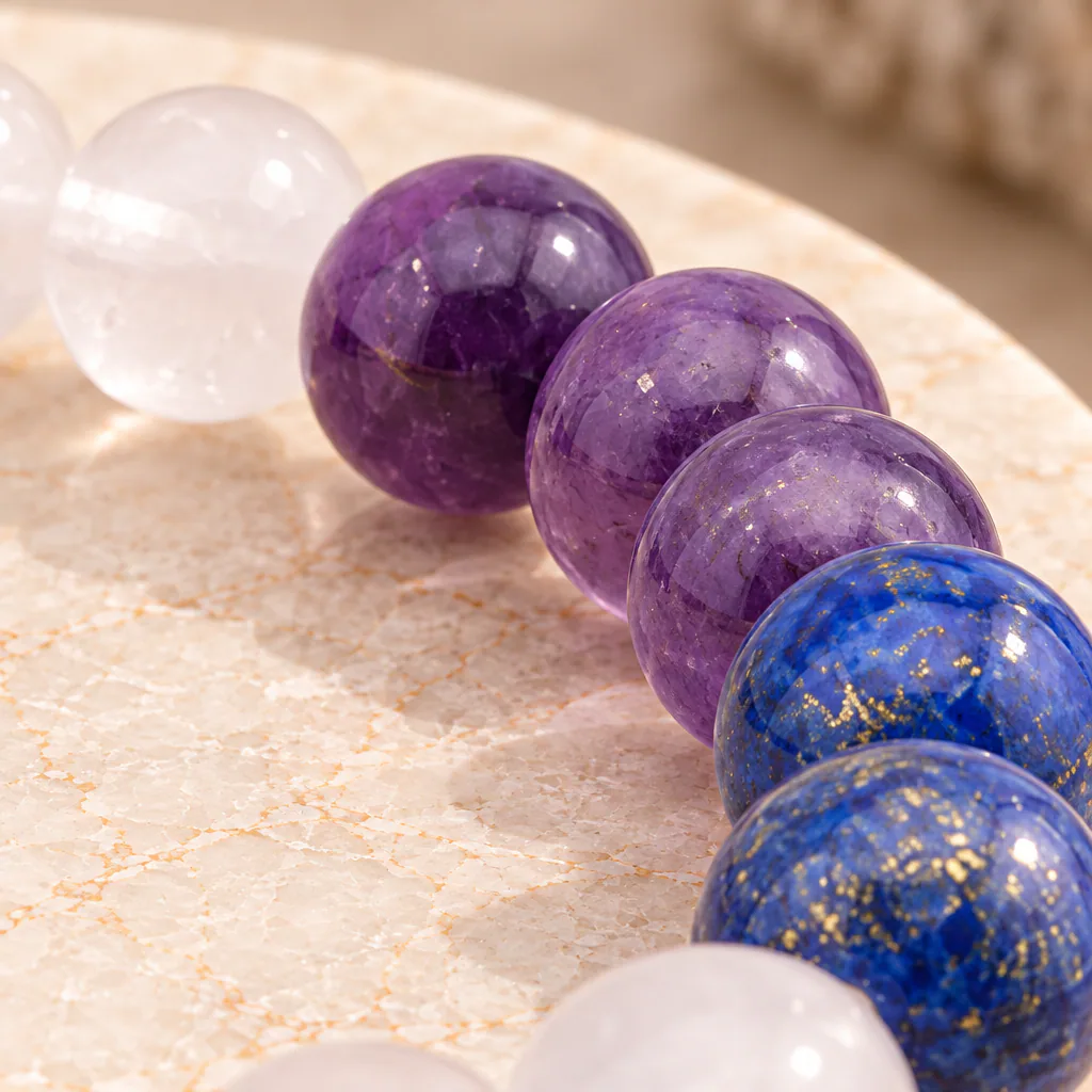 Bracelet à boules 7 Chakras — 8 mm — 18 cm — Grade A — vue studio 3