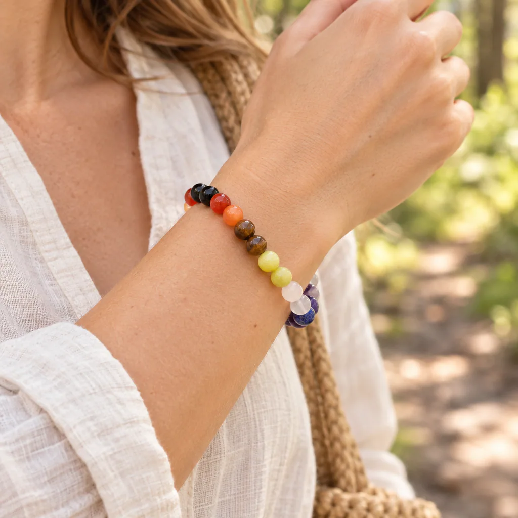 Bracelet à boules 7 Chakras — 8 mm — 18 cm — Grade A — vue portée 1