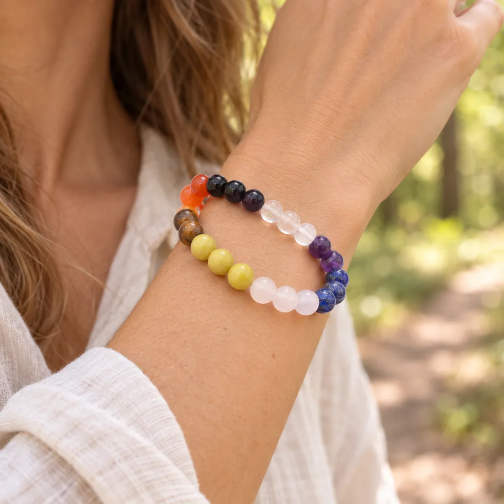 Bracelet à boules 7 Chakras — 8 mm — 18 cm — Grade A — vue portée 1