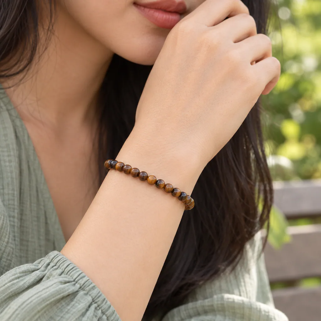 Bracelet à boules en Œil de tigre · 4 mm · Afrique du Sud · Grade A — vue portée 1