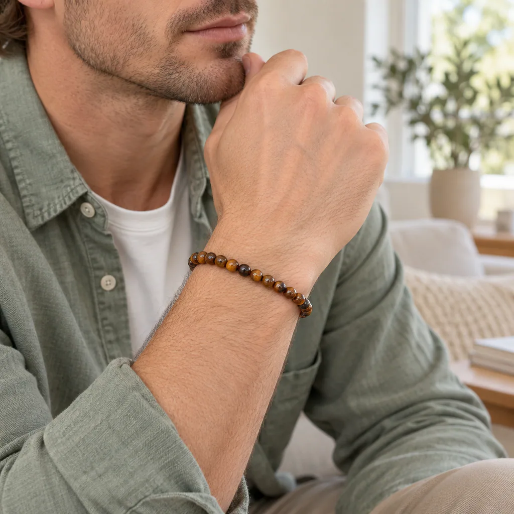 Bracelet à boules en Œil de tigre · 4 mm · Afrique du Sud · Grade A — vue portée 2