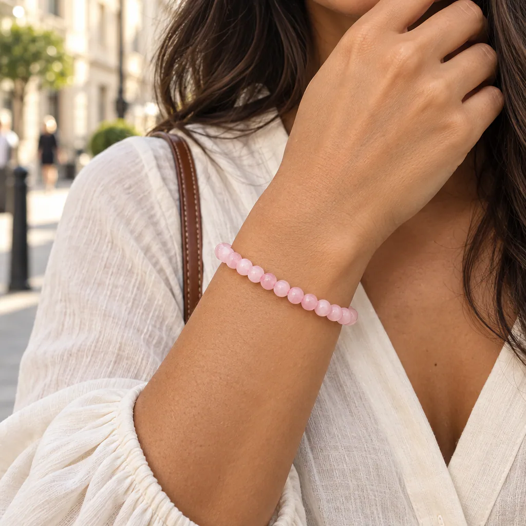 Bracelet à boules en Quartz rose · 8 mm · Brésil · Grade A — vue portée 1