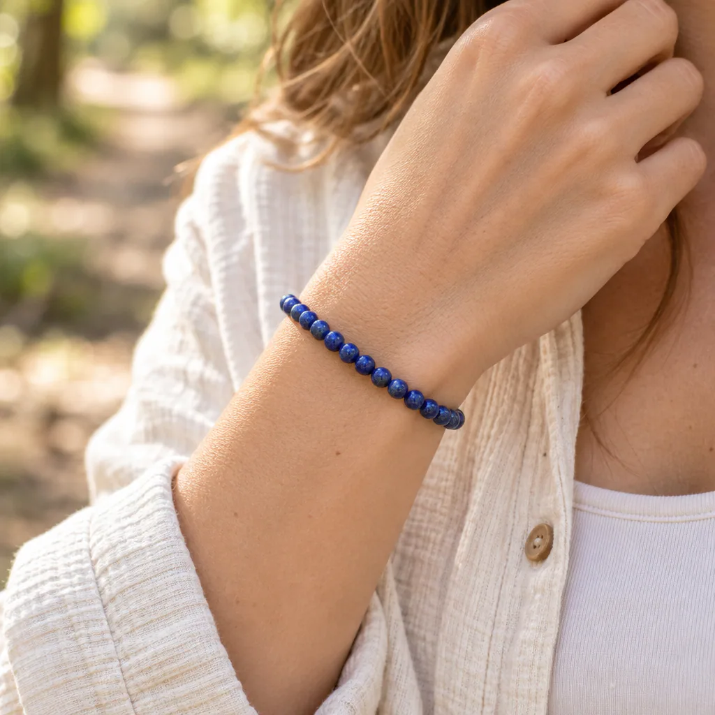 Bracelet à boules en Lapis Lazuli · 4 mm · Afghanistan · Grade AA — vue portée 1