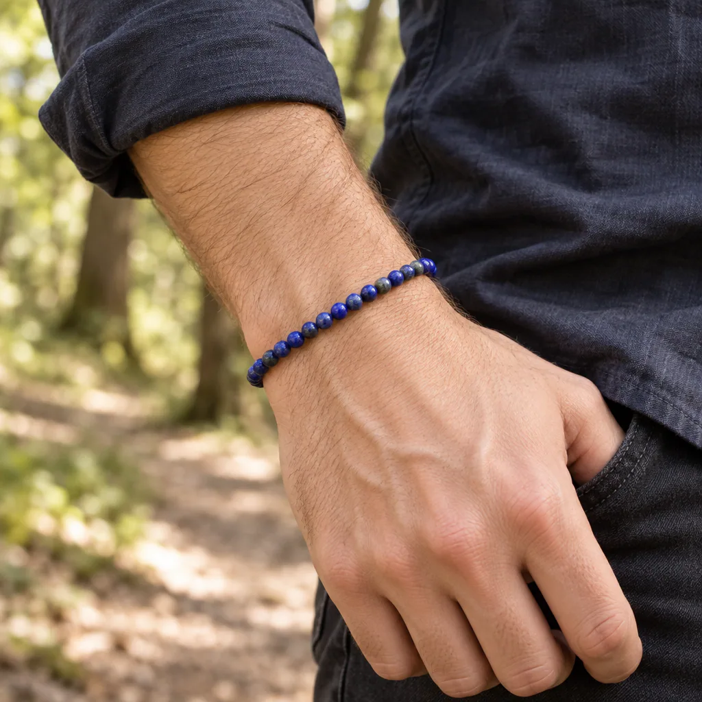 Bracelet à boules en Lapis Lazuli · 4 mm · Afghanistan · Grade AA — vue portée 2