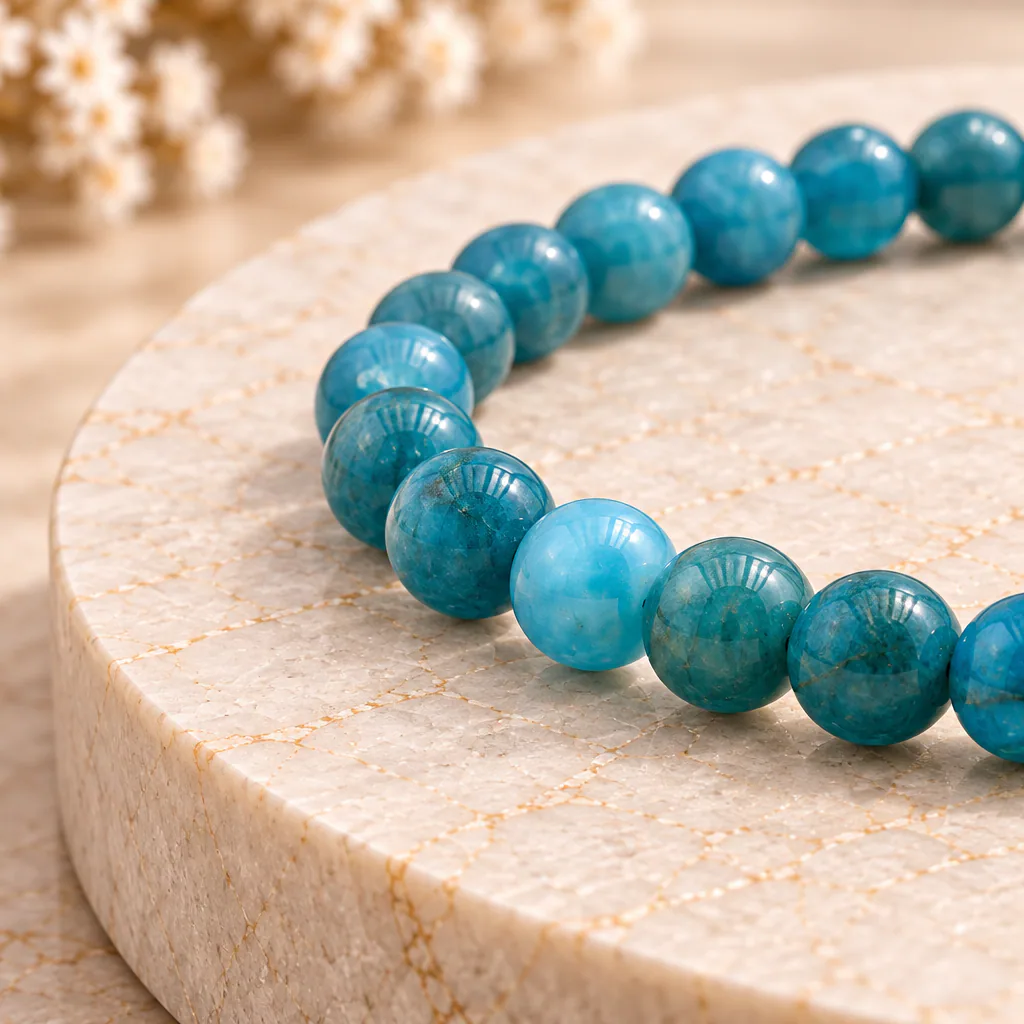 Bracelet à boules en Apatite bleue · 4 mm · Madagascar · Grade A+ — vue studio 2
