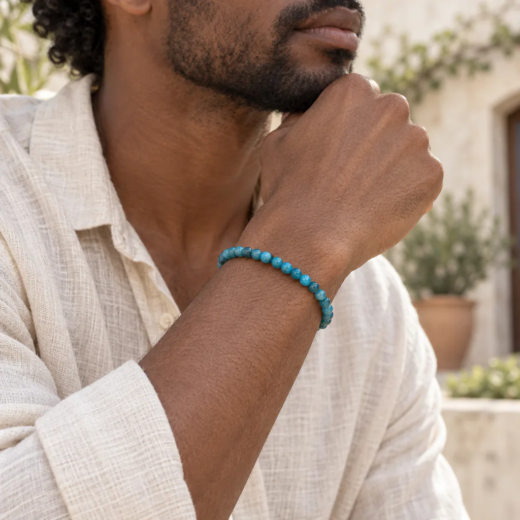 Bracelet à boules en Apatite bleue · 4 mm · Madagascar · Grade A+ — vue portée 2