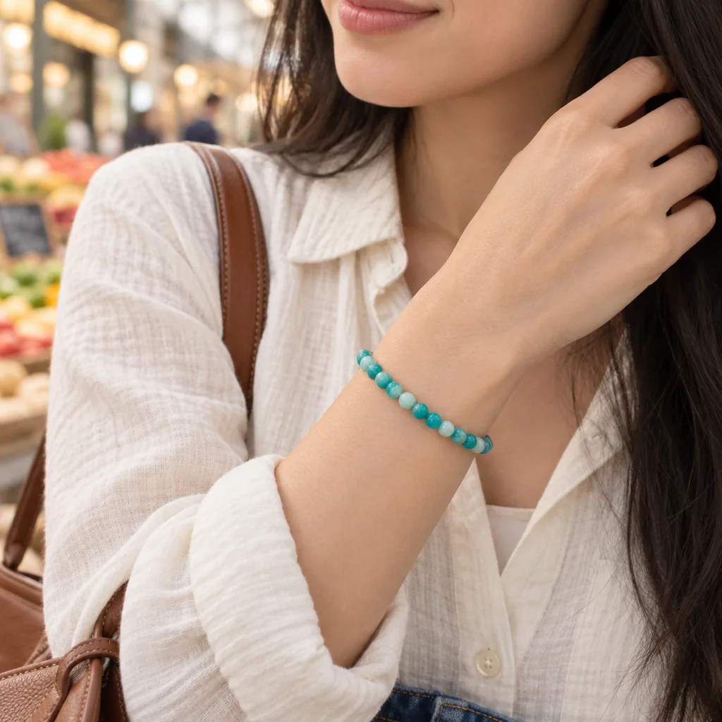 Bracelet à boules en Amazonite · 4 mm · Russie · Grade A+ — vue portée 1