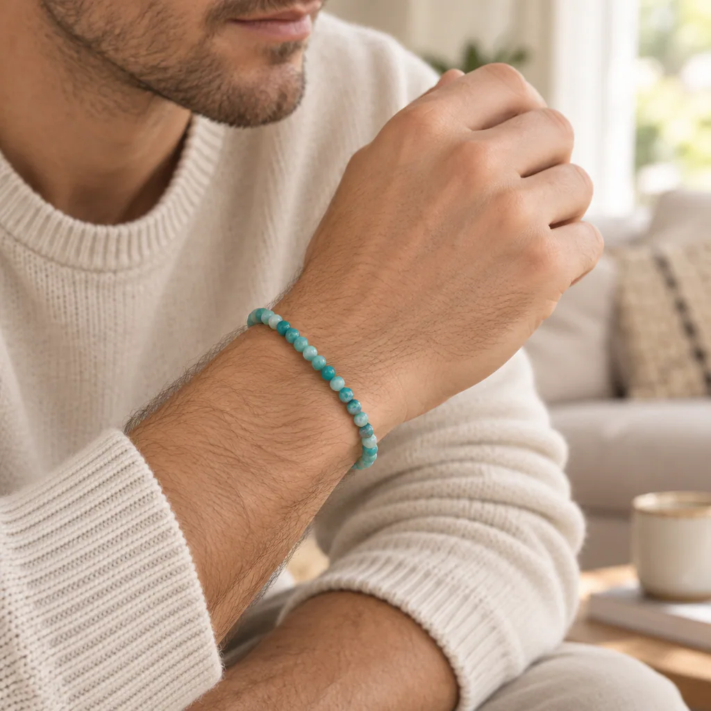 Bracelet à boules en Amazonite · 4 mm · Russie · Grade A+ — vue portée 2
