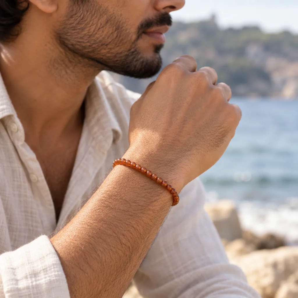 Bracelet à boules en Grenat brun hessonite · 4 mm · États-Unis · Grade AA — vue portée 2